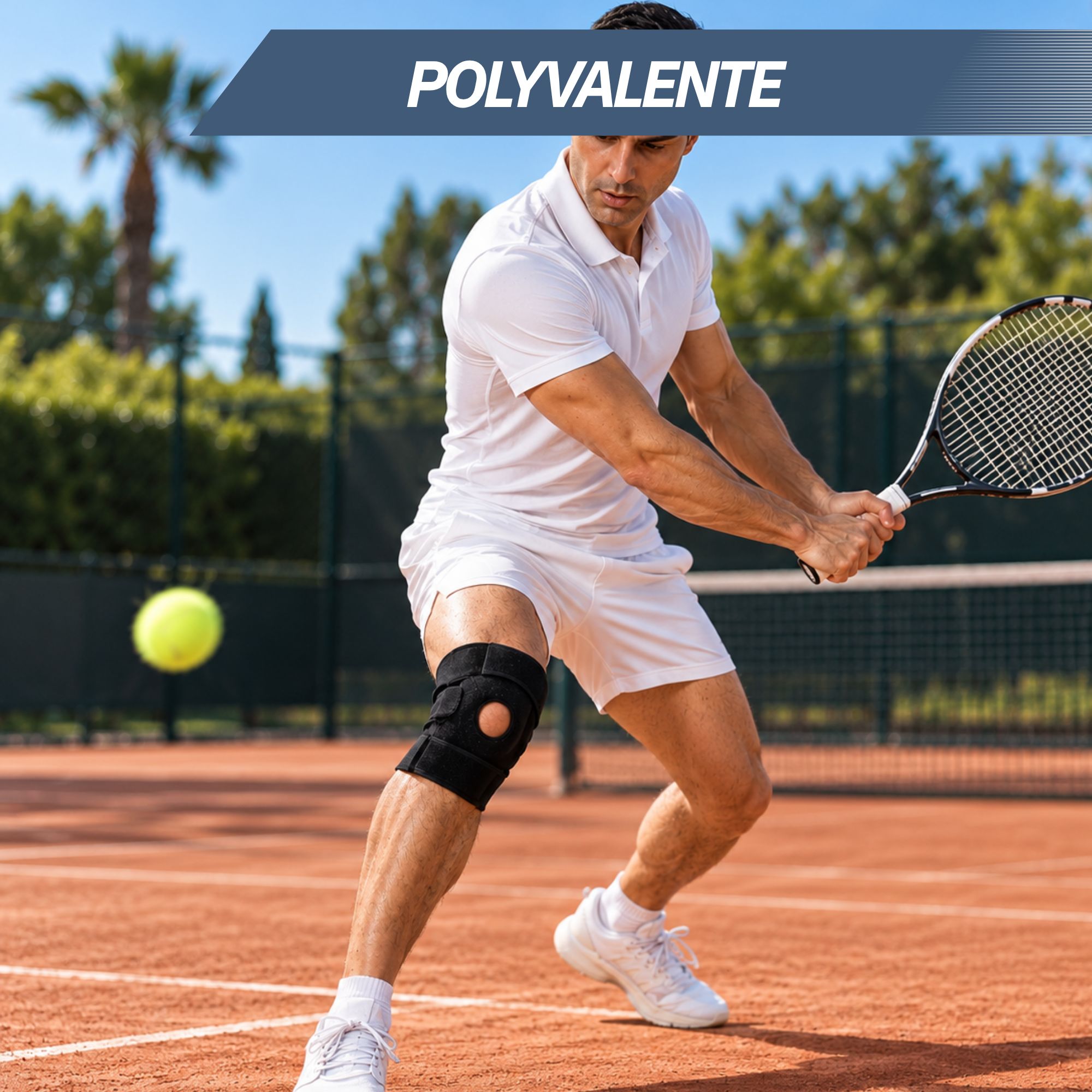 Genouillère noire avec découpe rotulienne, portée par un homme jouant au tennis.