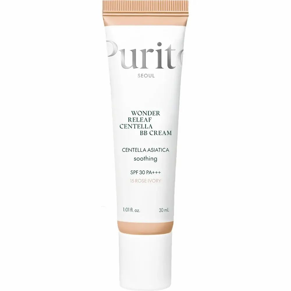 Tube BB cream. Merk Purito, tekst: Wonder Releaf Centella BB Cream, SPF 30 PA+++, tint Rose Ivory.