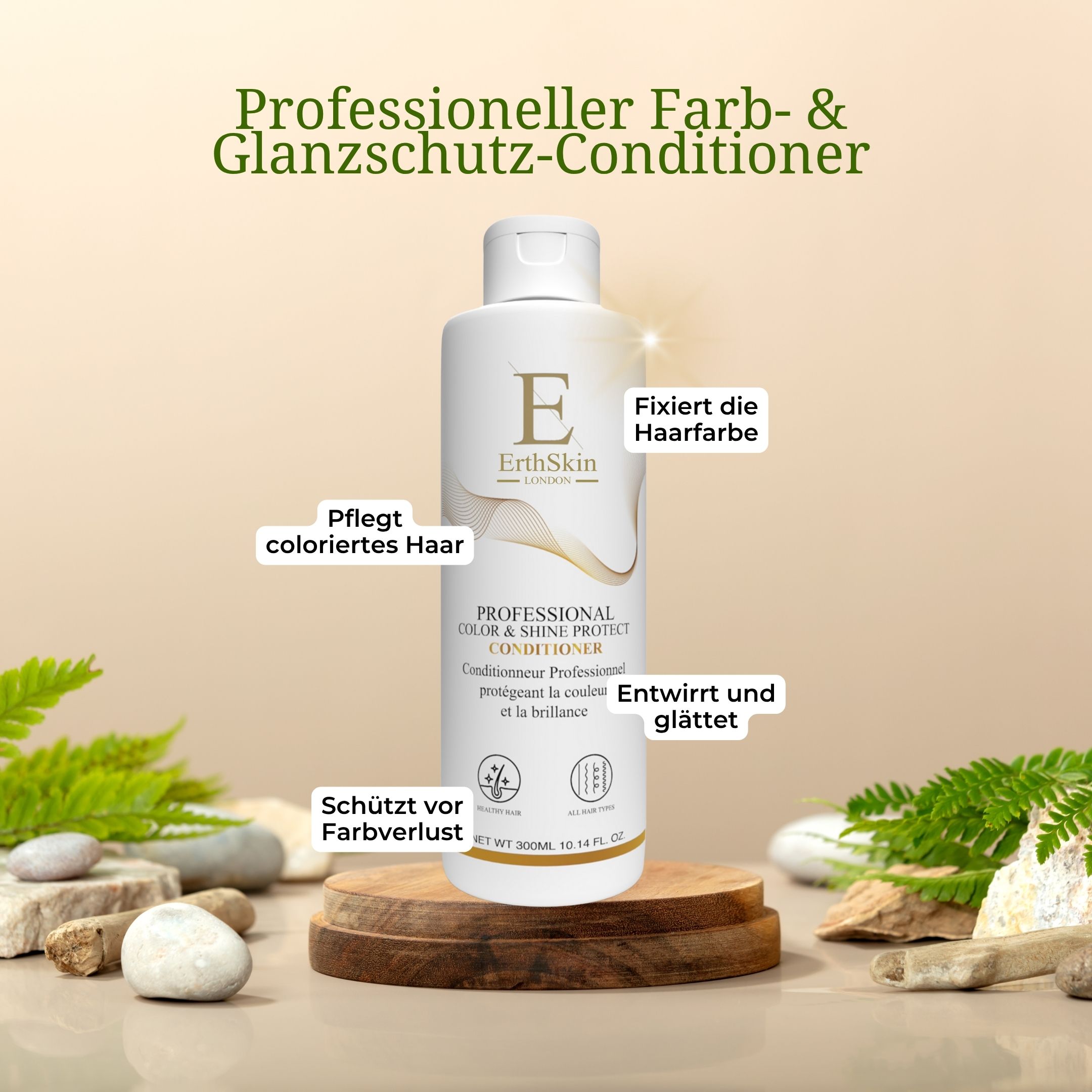 Een conditionerfles. Opschrift: ErthSkin London. Tekst: Professional Color & Shine Protect Conditioner. Op houten sokkel.