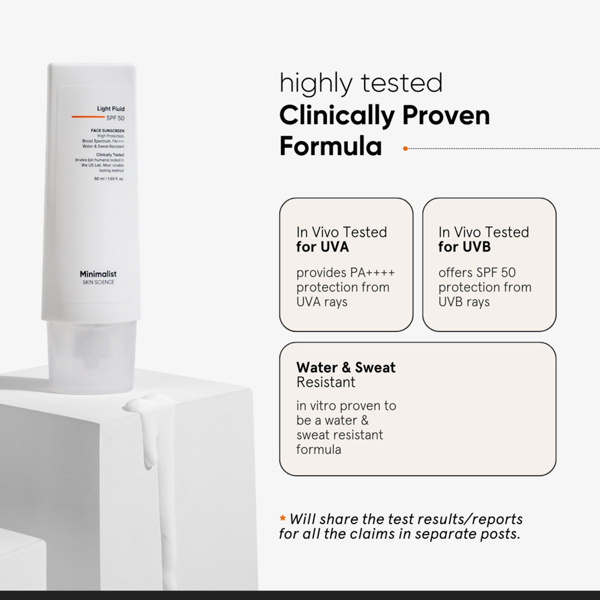 Producttube met tekst. Tekst: Light Fluid SPF 50. In vivo getest voor UVA en UVB. Waterbestendig.