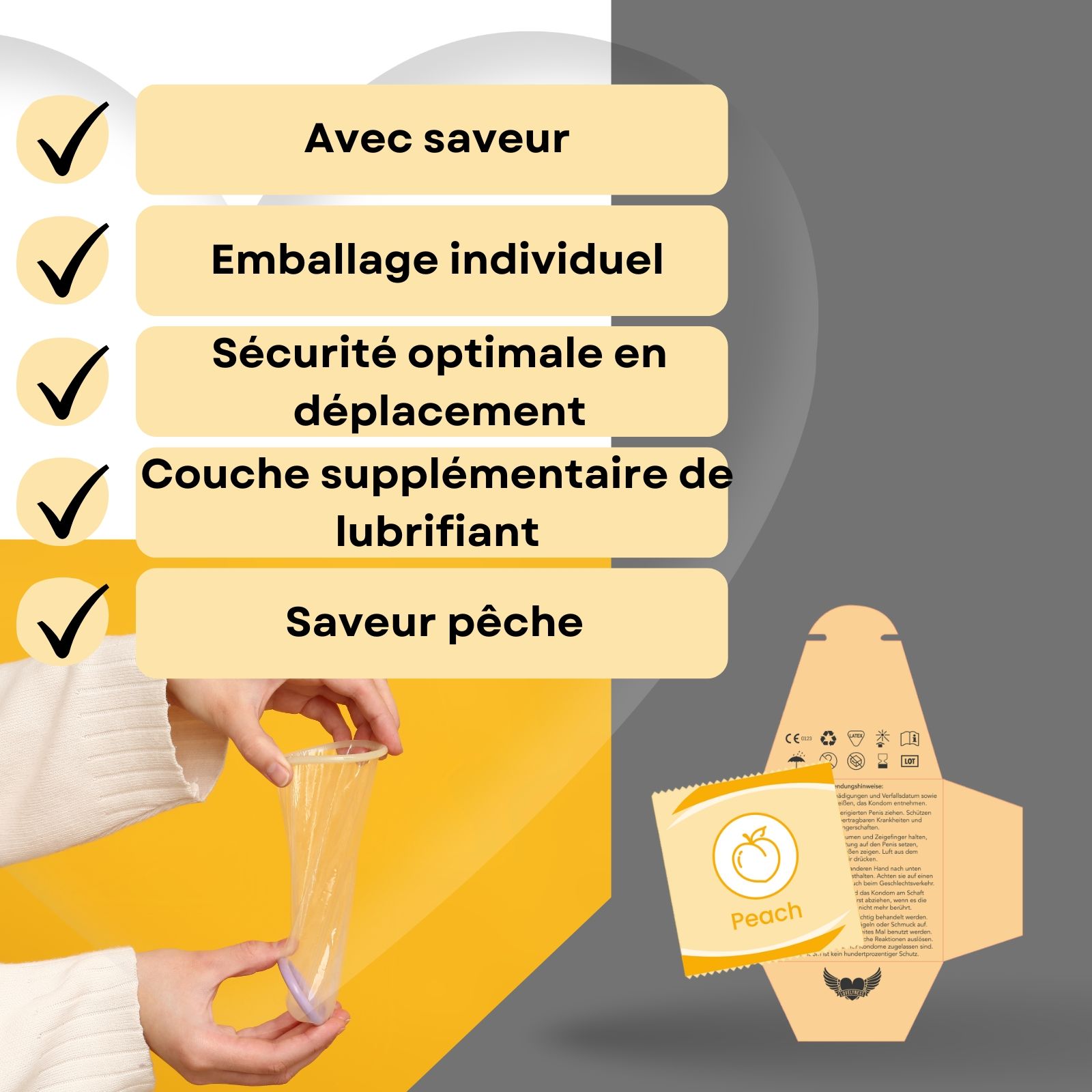 Emballage et préservatif. Texte: Avec goût pêche. Logo: Lovelyness. Emballé individuellement.