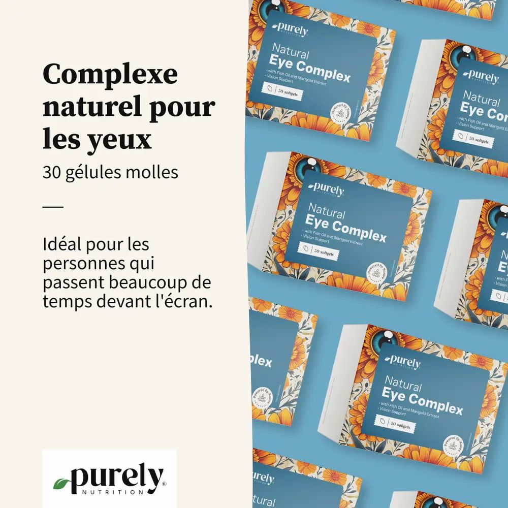 Plusieurs boîtes Natural Eye Complex. Inscription: Natural Eye Complex, 30 gélules. Marque Purely Nutrition.