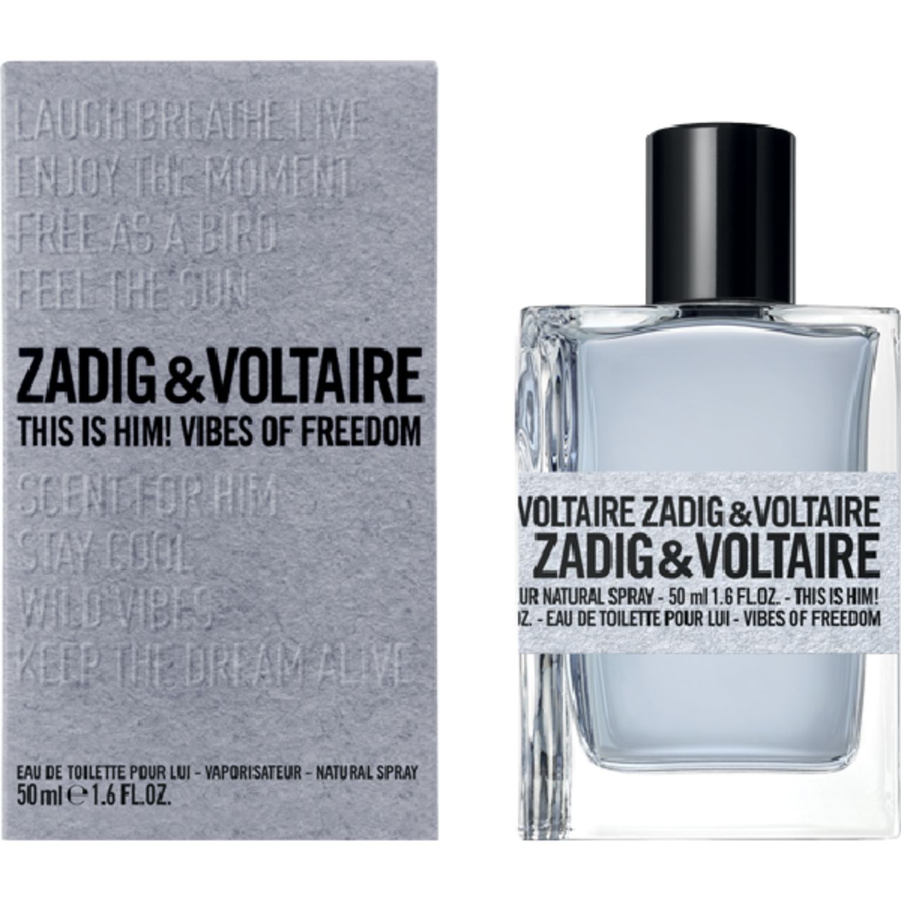 Flacon Zadig & Voltaire Eau de Toilette et boîte. Boîte grise avec texte. Flacon transparent, bouchon noir.