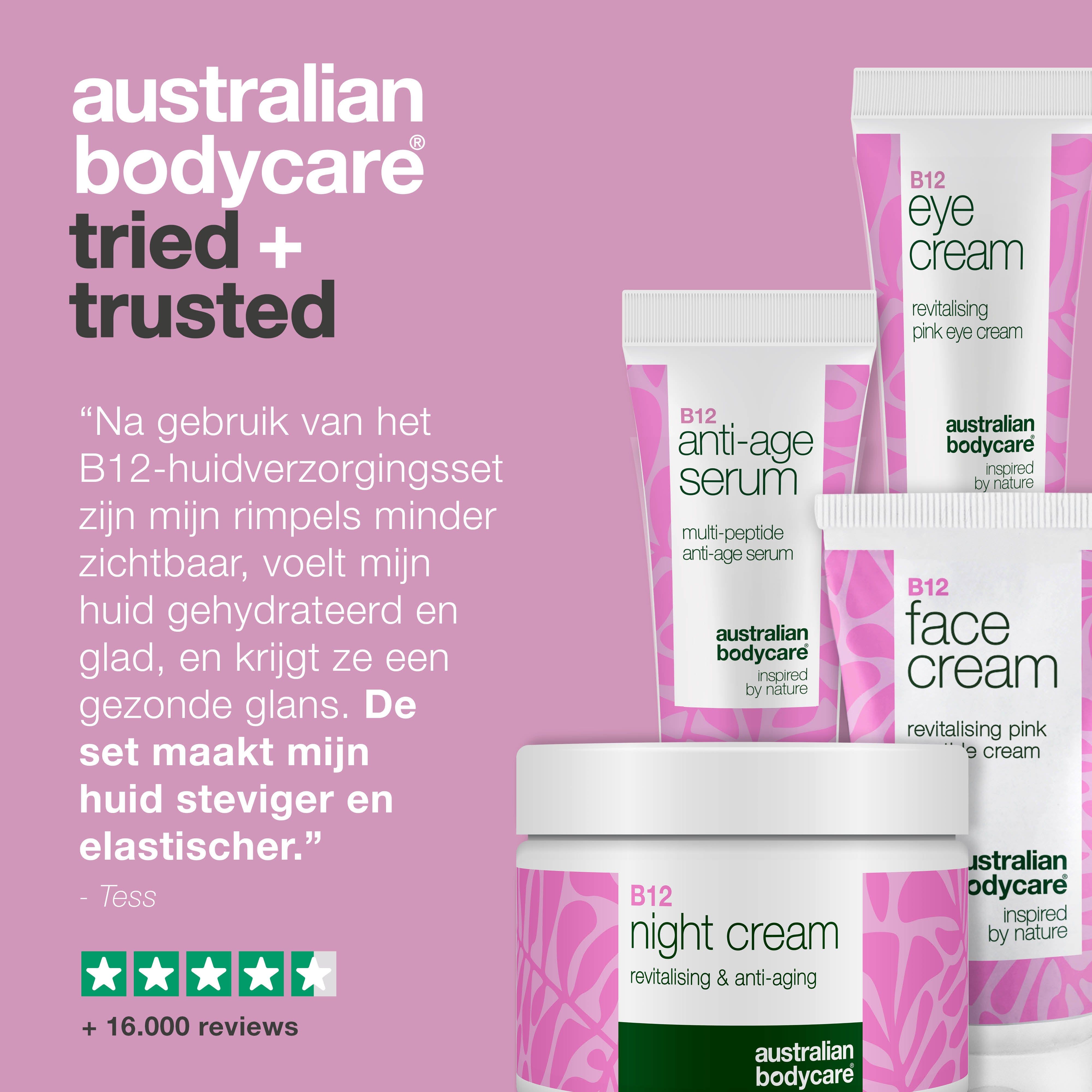 Producten: oogcrème, serum, gezichtscrème, nachtcrème. Tekst: Australian Bodycare tried + trusted. Citaten en sterrenbeoordeling.