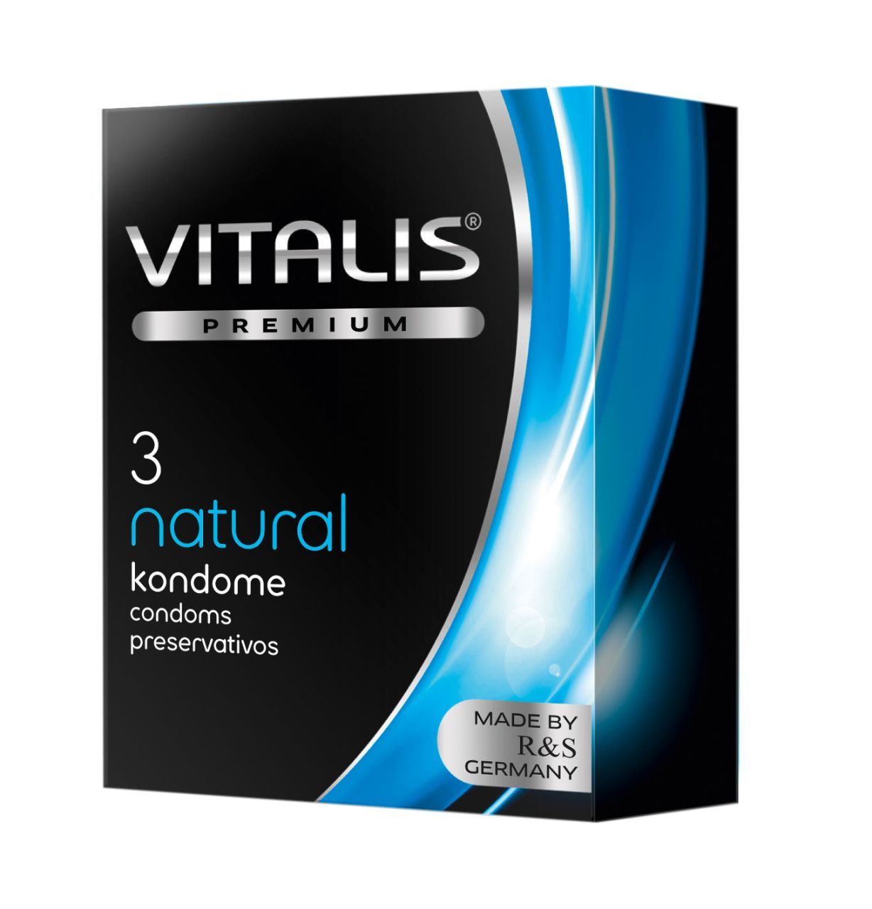 Verpakking met 3 Vitalis PREMIUM Natural condooms. Zwarte doos met blauwe accenten.