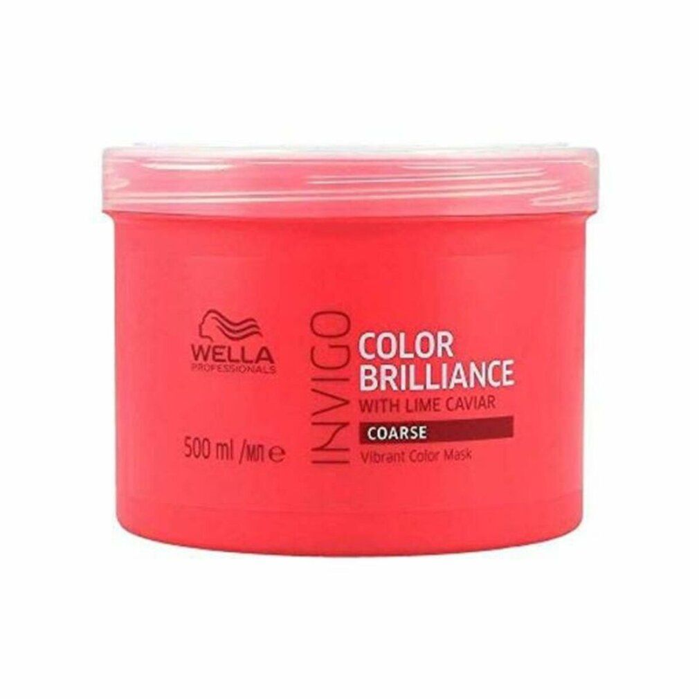 Pot rouge Wella Invigo Color Brilliance. Inscription: Color Brilliance, avec caviar de citron vert, Coarse, Vibrant Color Mask.