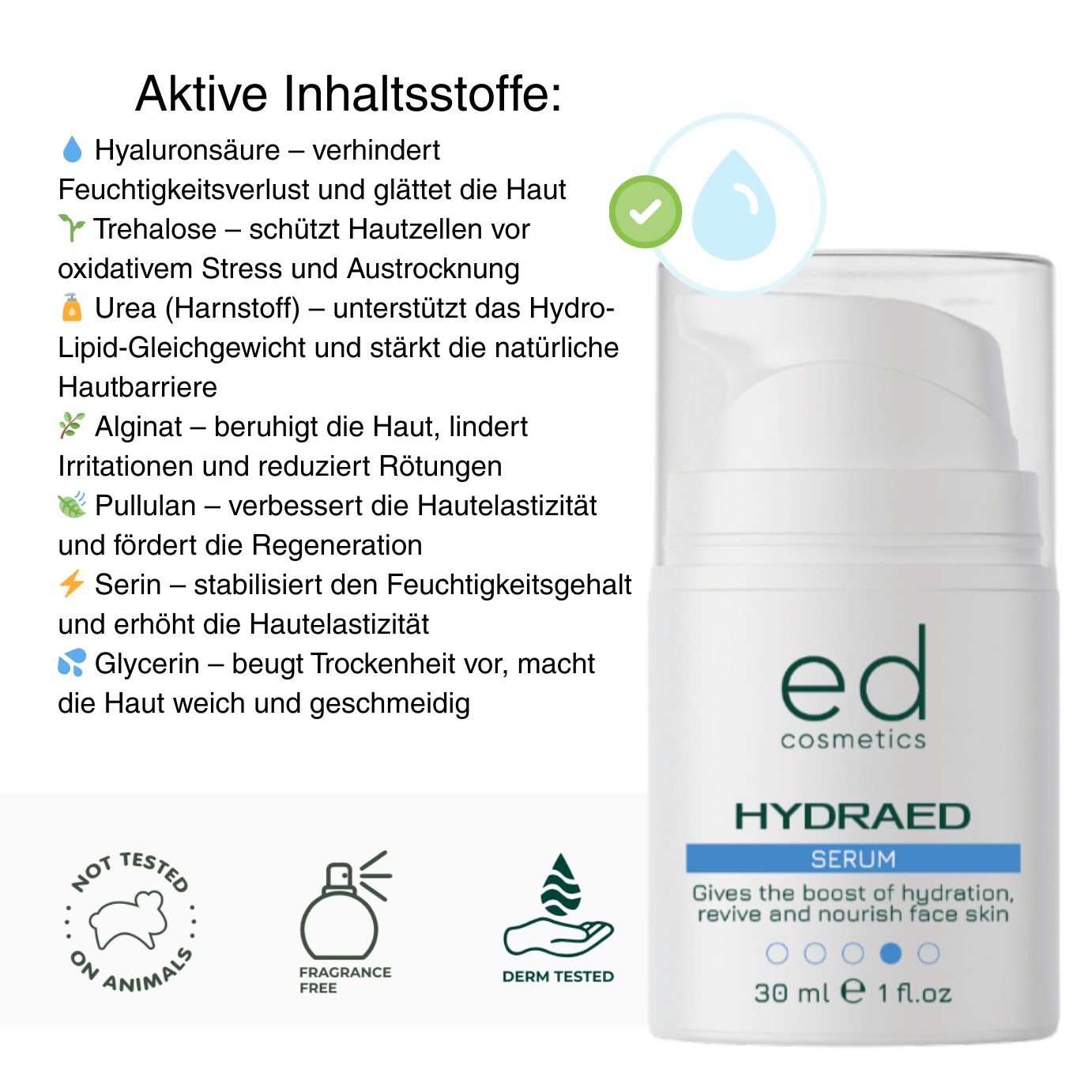 Flacon de produit avec texte et icônes. Texte : "Ingrédients actifs:". Icônes : non testé sur les animaux, sans parfum, testé dermatologiquement.