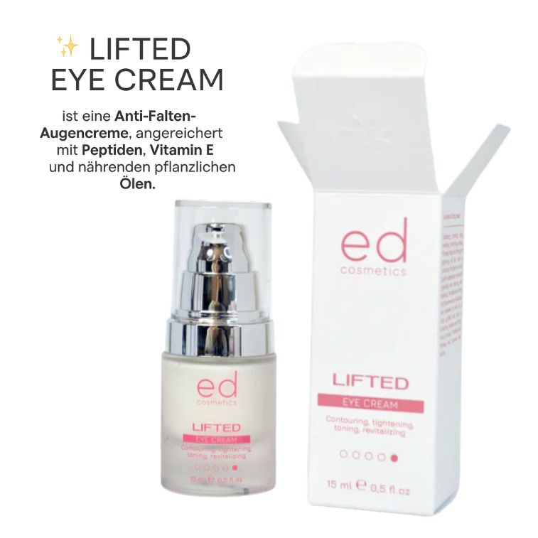 Flacon de crème pour les yeux et emballage. Inscription : "ed cosmetics LIFTED EYE CREAM".