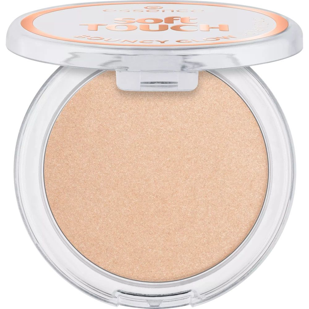 Ronde highlighter in transparante verpakking met open deksel. Opschrift: Soft Touch Bouncy Glow. Lichte, goudkleurige textuur.