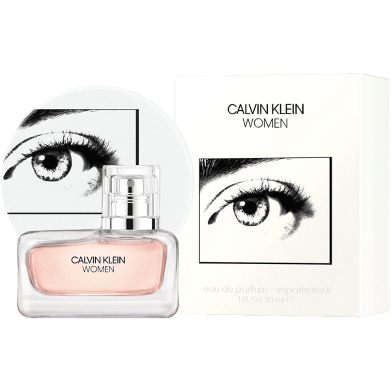 Flacon et emballage. Inscription: CALVIN KLEIN WOMEN. Emballage blanc, graphique d'œil. Flacon avec liquide rose.