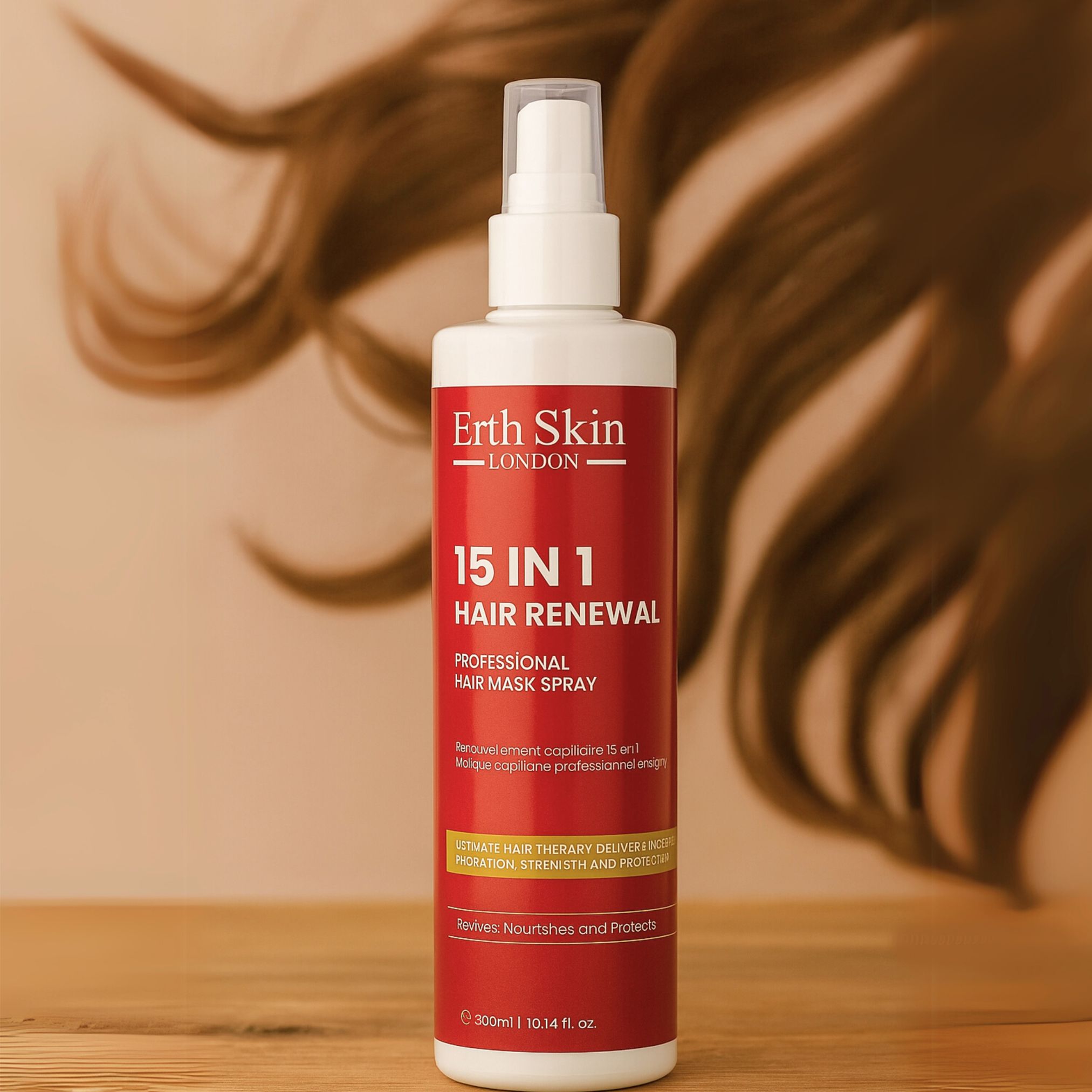 Erth Skin London 15-in-1 haarmaskerspray in een rode spuitfles, met haar op de achtergrond.