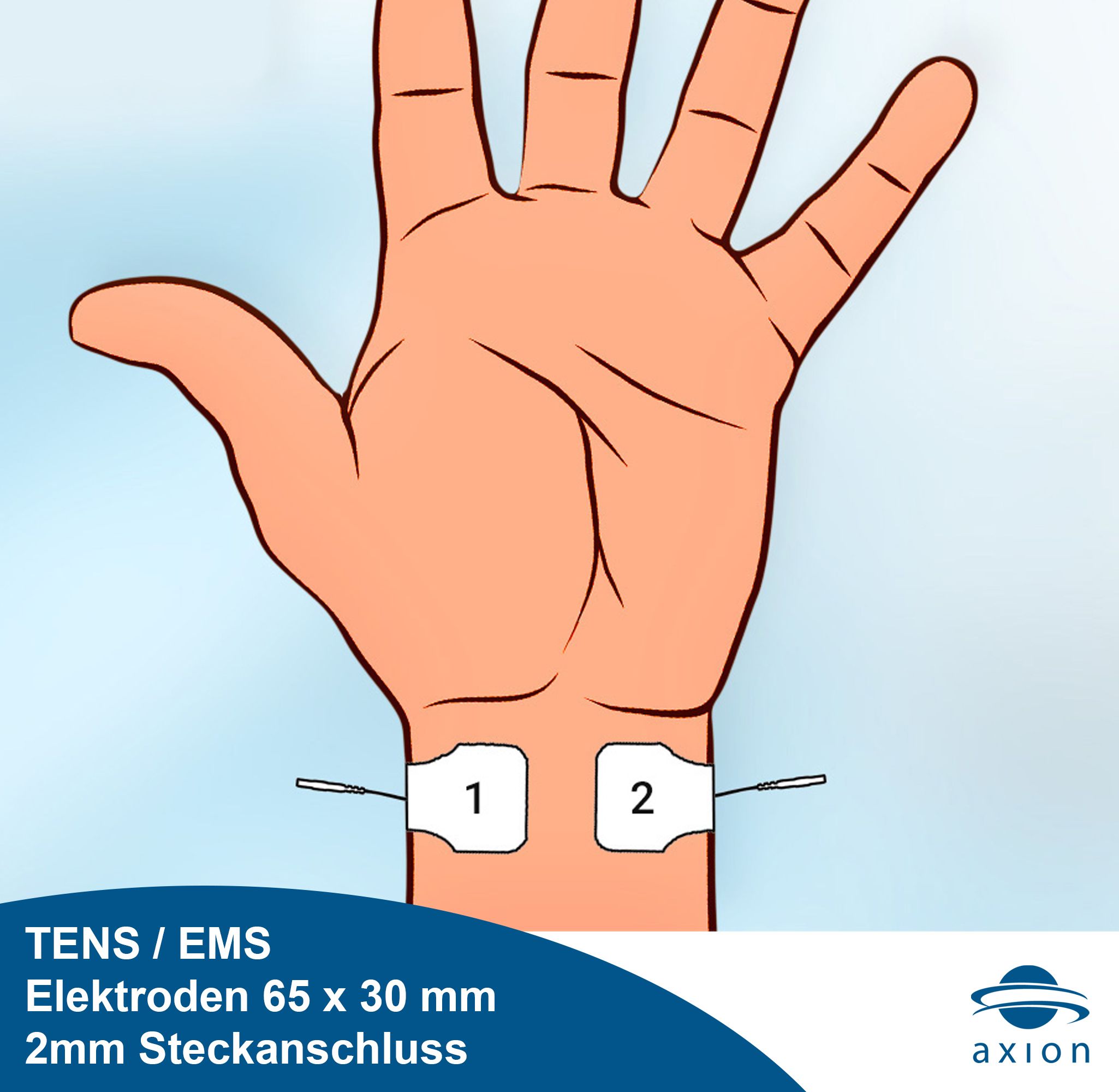 Pols met twee elektrodenpads. Rechthoekige vorm. Witte oppervlakte. Tekst: TENS/EMS Elektroden 65 x 30 mm 2mm Steckanschluss. axion logo.