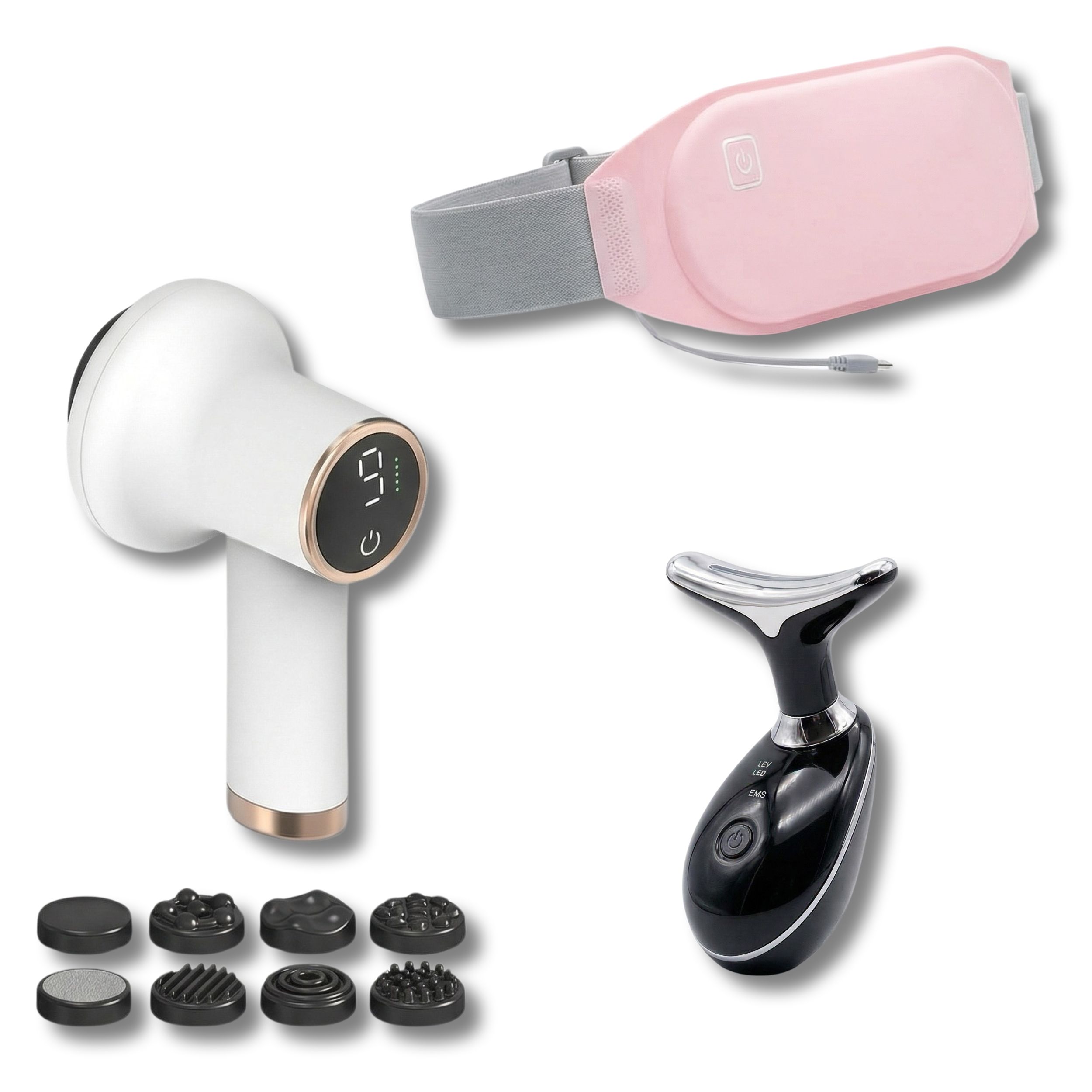 Ensemble de masseurs : masseur blanc portable avec embouts, ceinture chauffante rose, masseur de cou noir.
