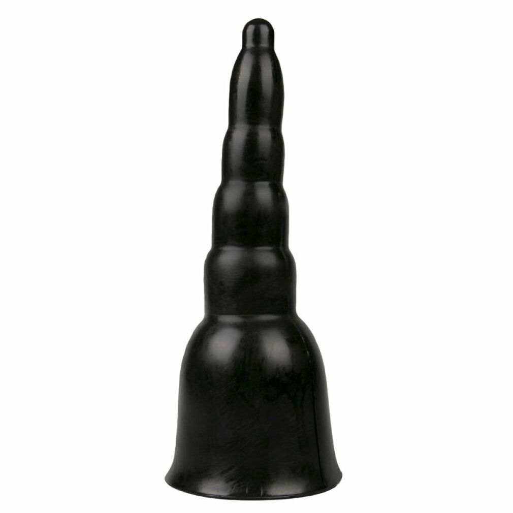 Dildo noir. Forme conique à plusieurs anneaux. Orientation verticale.