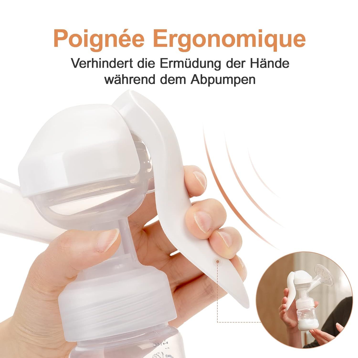 Main tenant la poignée ergonomique d'un tire-lait manuel blanc. Gros plan sur la poignée.