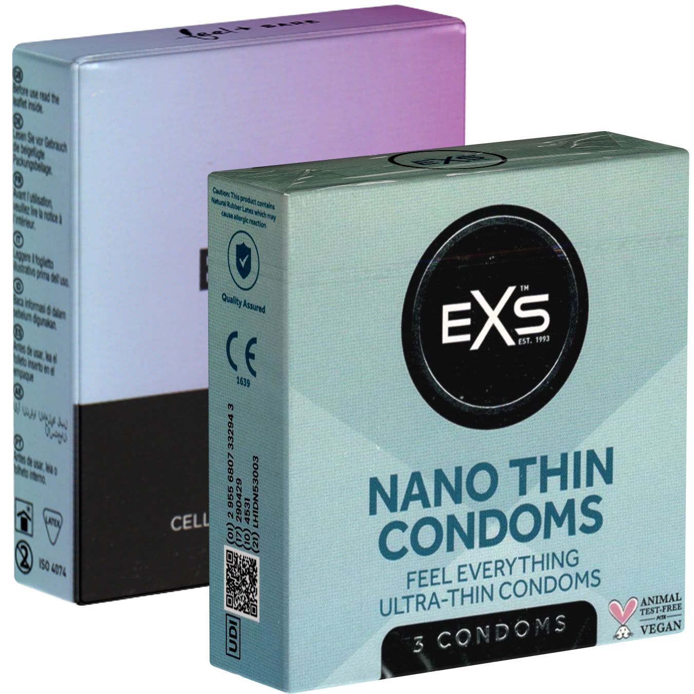 Deux boîtes de préservatifs. Une boîte avec le logo "EXS", "Nano Thin Condoms", "3 Condoms". Vegan.