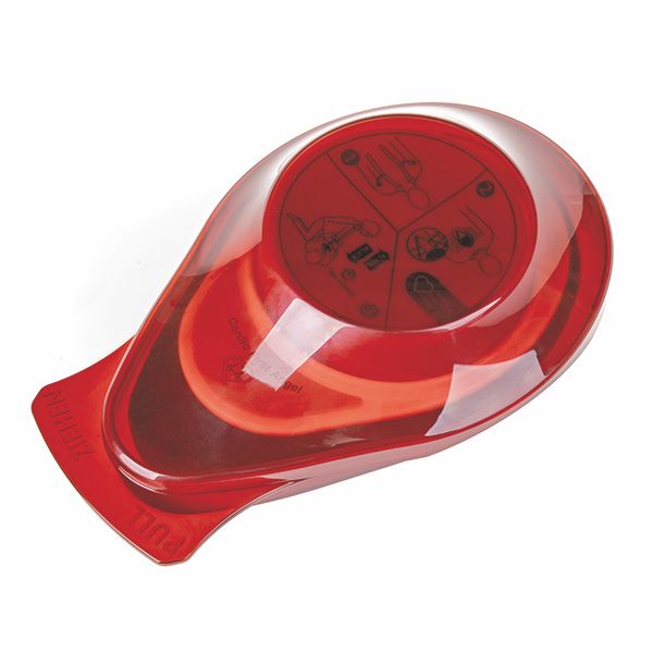 Emballage transparent du Cardio First Angel. Bouton rouge avec instructions. Vue perspective.