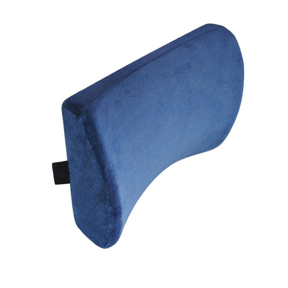 Coussin lombaire bleu. Form incurvée, avec sangle de fixation.