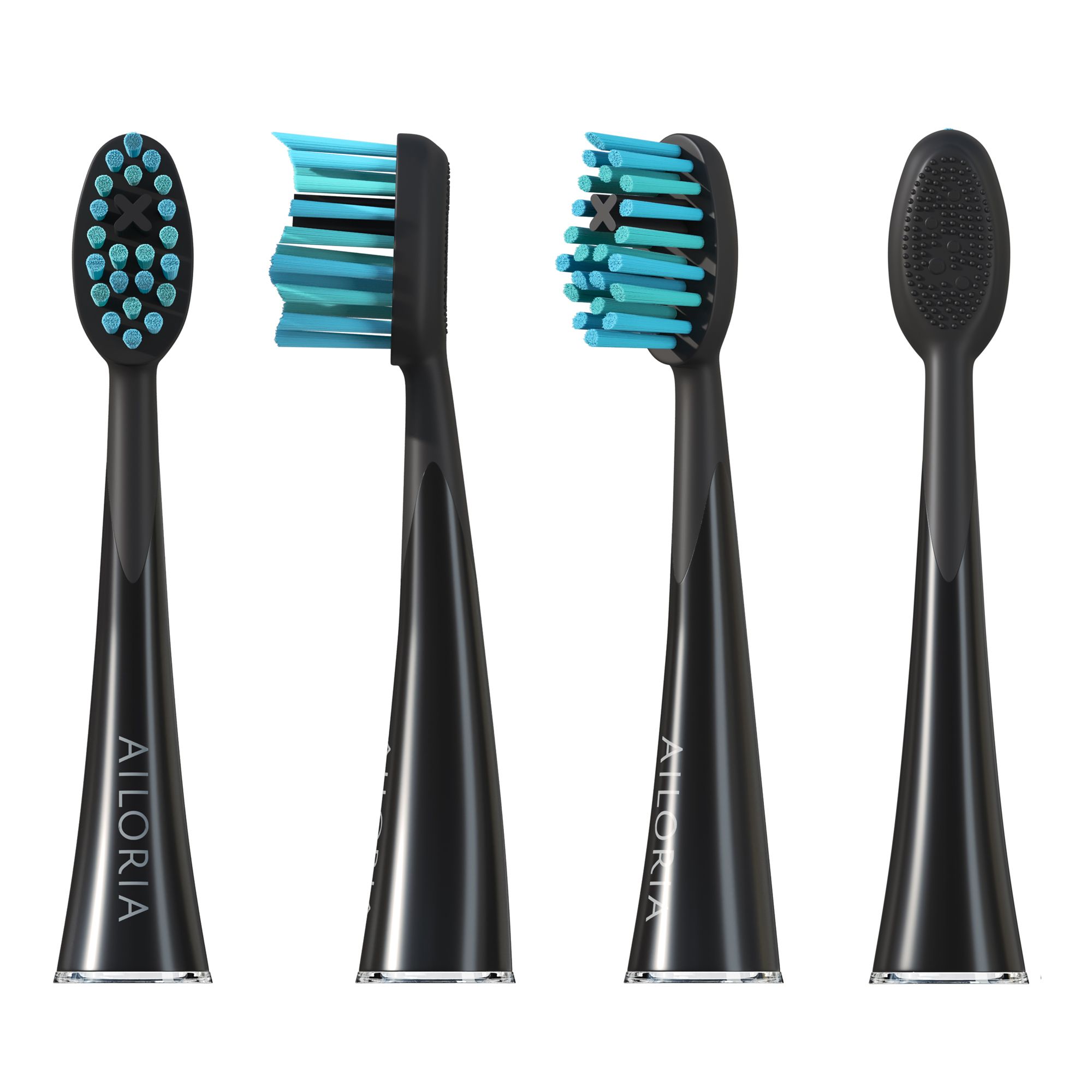 Quatre têtes de brosse de remplacement noires. Vues de face, de côté, de dessus et de dos. Brins bleus visibles. Logo AILORIA.
