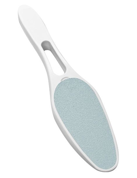 Lime à pieds blanche avec manche. Surface abrasive bleue. Design ergonomique.