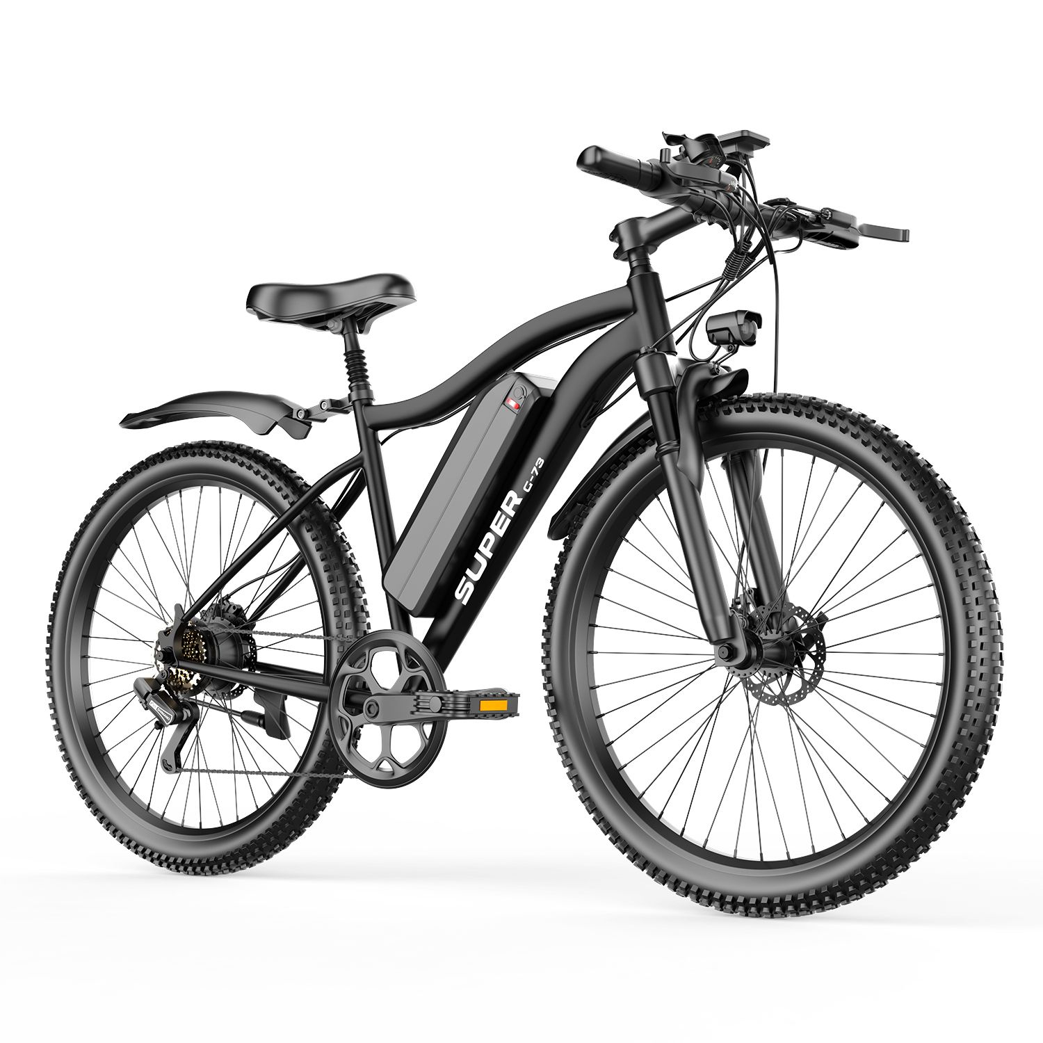Vélo électrique noir, vue latérale. Détails visibles : batterie, garde-boue, selle, pédales, pneus.