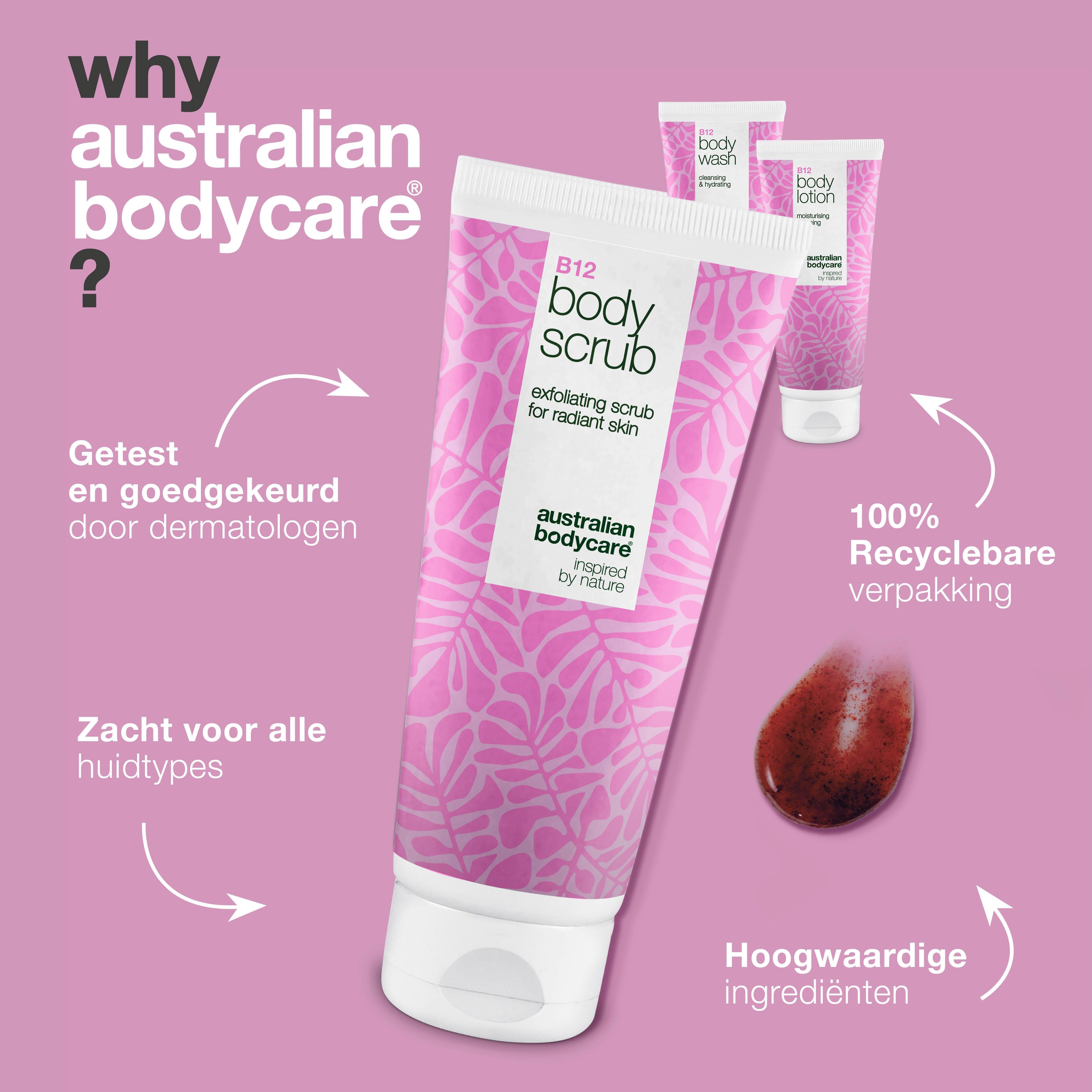 Een tube B12 Body Scrub, twee andere tubes. Tekst: Australian Bodycare. Voordelen: Dermatologisch getest, recyclebare verpakking.