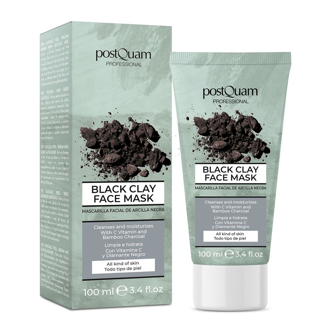 Gezichtsmasker in tube en doos. Tekst: Black Clay Face Mask, reinigt en hydrateert met vitamine C en bamboe houtskool. 100 ml.