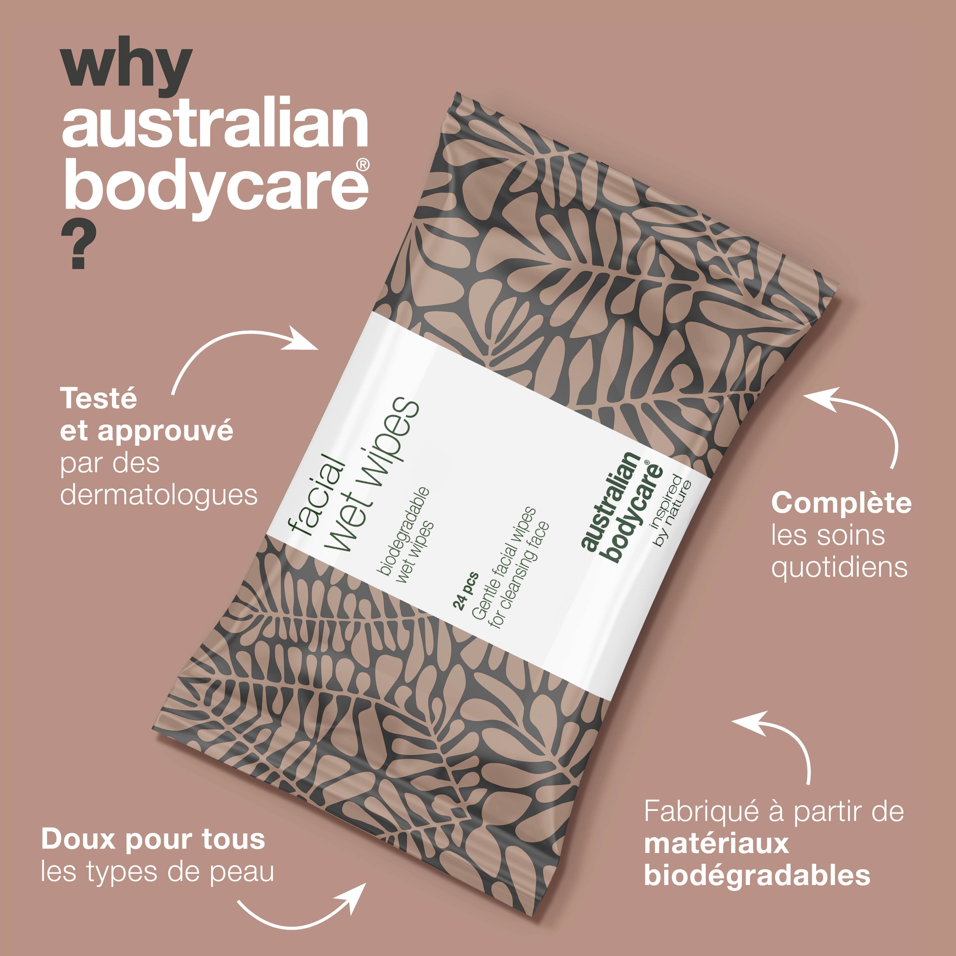 Paquet de lingettes. Texte: Australian Bodycare, Facial Wet Wipes, 24 pièces. Avantages: testé dermatologiquement, pour tous types de peau.