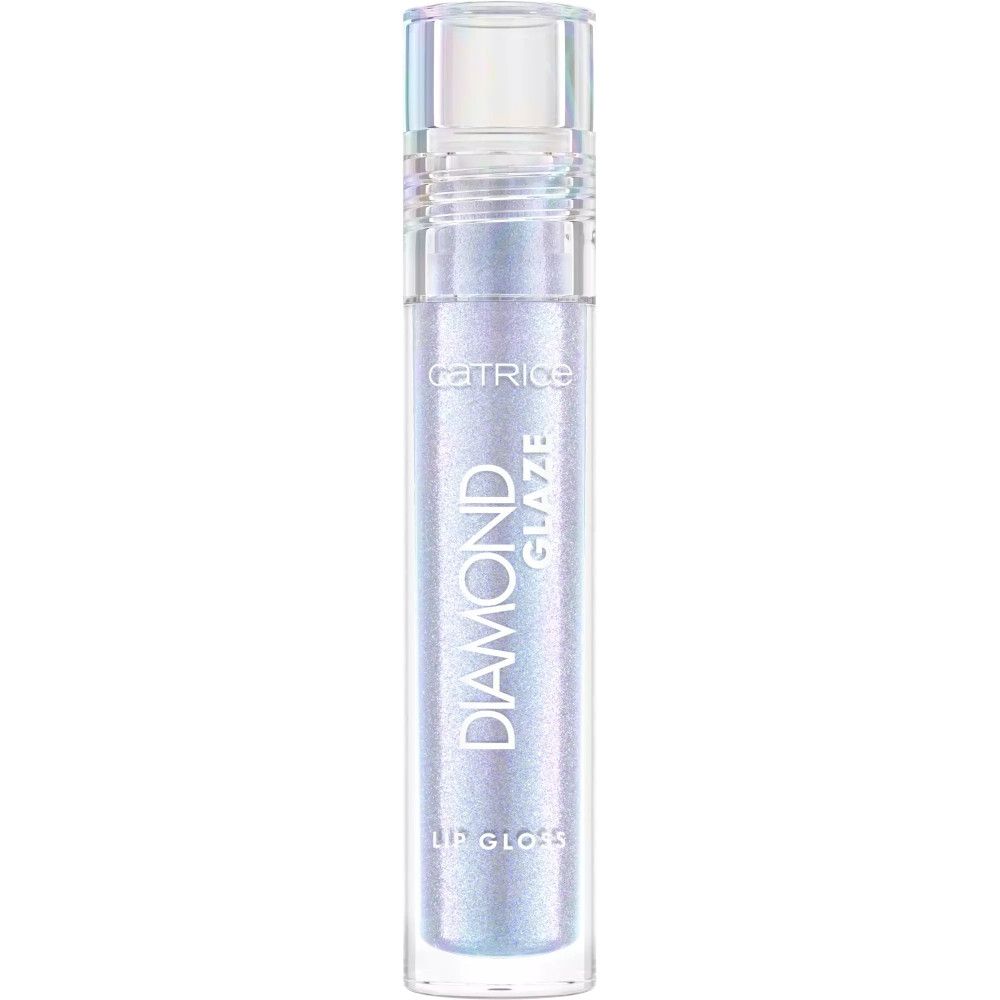 Lipgloss in een transparante fles. Opschrift: DIAMOND GLAZE LIP GLOSS. De dop is ook transparant.