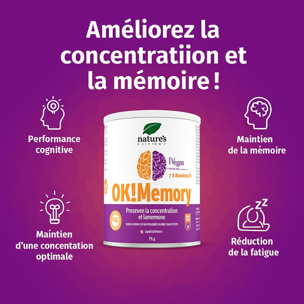 Boîte Nature's Finest OK!Memory sur fond violet. Texte: Améliorez la concentration et la mémoire ! Graphiques montrant la performance cognitive, la mémoire.