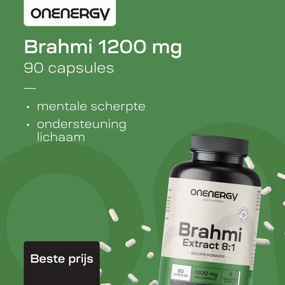 Fles met capsules. Opschrift: Brahmi 1200 mg, 90 capsules. Tekst: Mentale scherpte, ondersteuning lichaam.