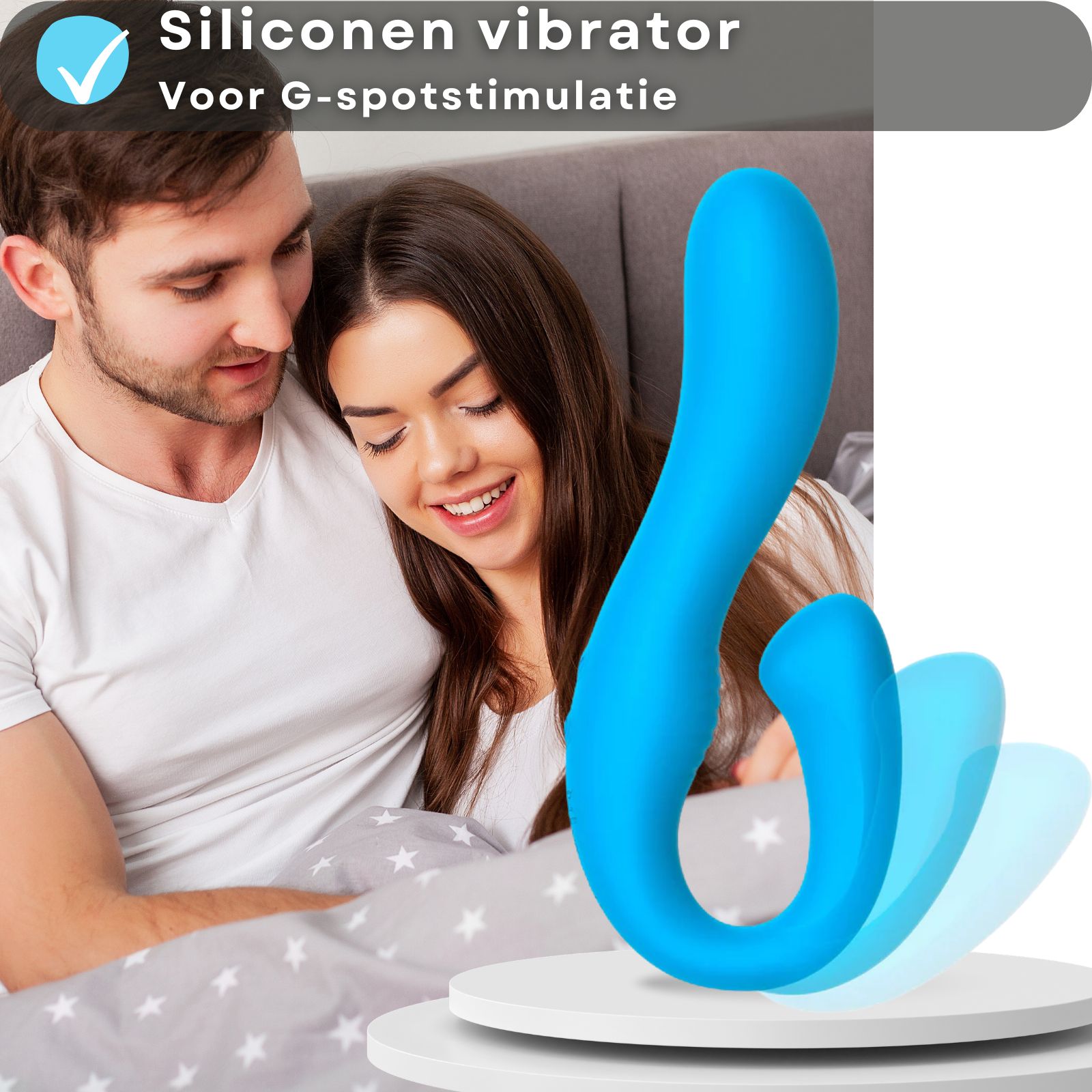 Blauwe vibrator met tekst. Siliconen, voor G-spot stimulatie.