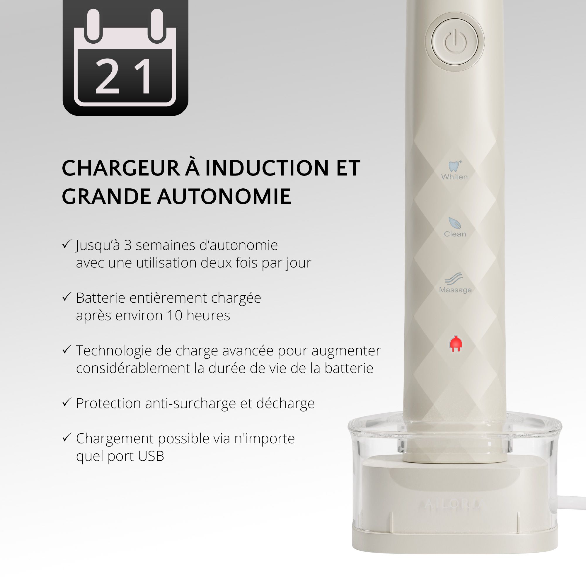 Brosse à dents sur socle de charge. Texte : Charge inductive et longue durée de vie. Indicateur de charge.