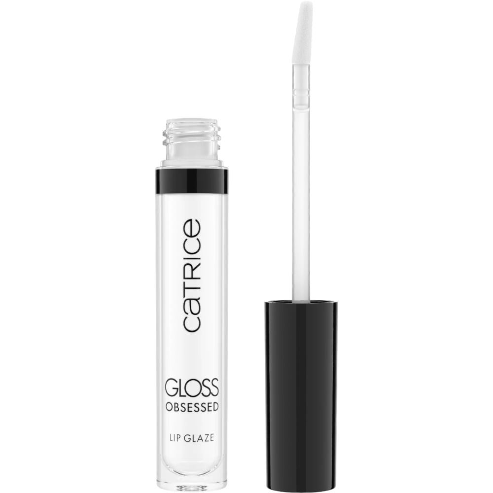 Open lipglosstube met applicator. Opschrift: CATRICE, GLOSS OBSESSED, LIP GLAZE.