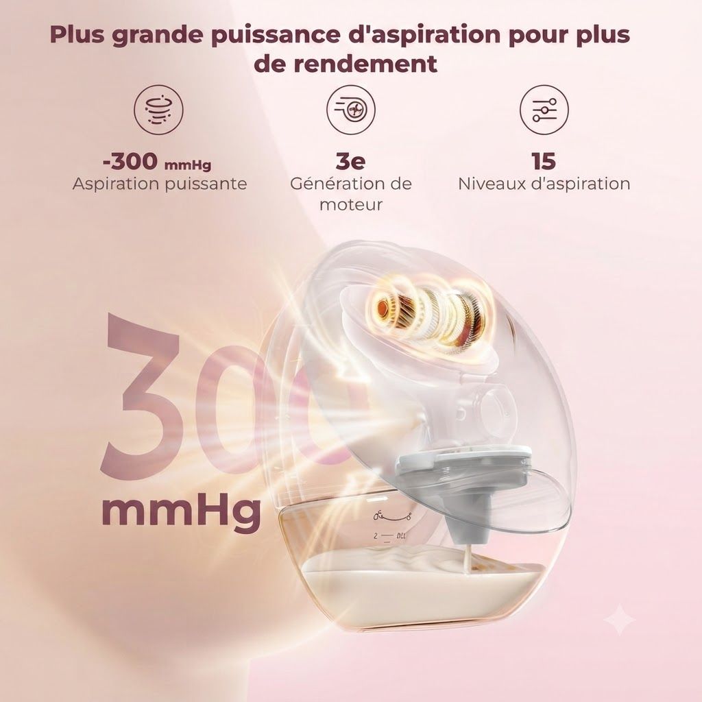 Tire-lait avec aspiration de 300 mmHg, moteur 3e génération et 15 niveaux d'aspiration.