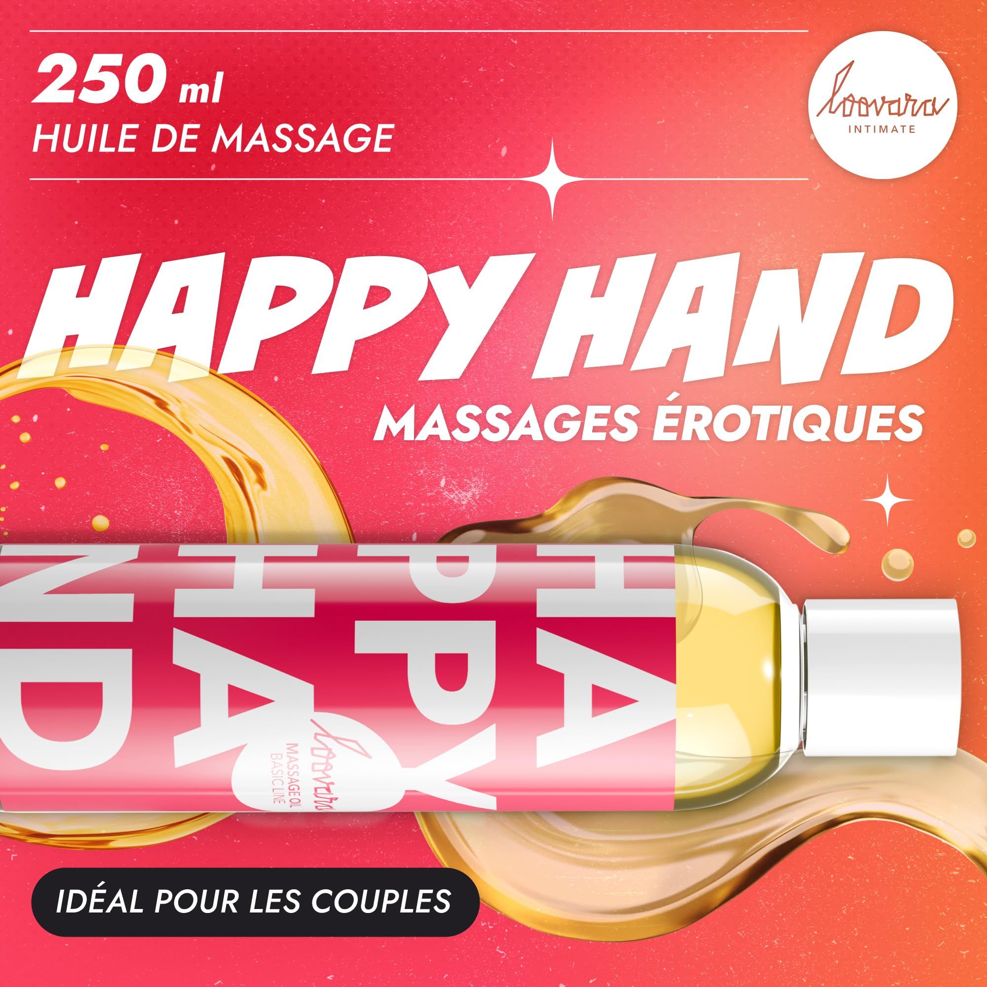 Bouteille d'huile de massage Loovara Happy Hand avec étiquette rouge et écriture blanche, entourée d'éclaboussures.