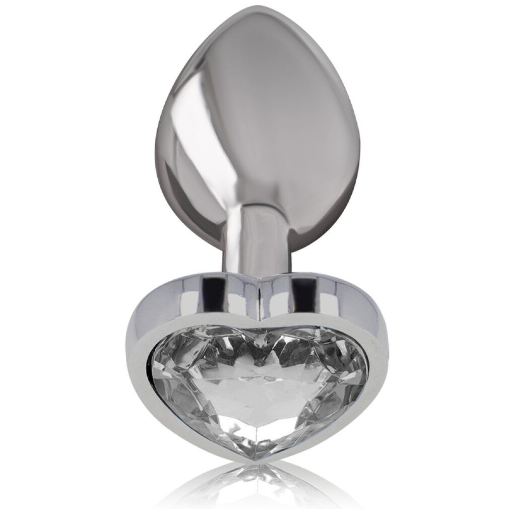Metalen hartvormige anale plug met kristal, vooraanzicht.