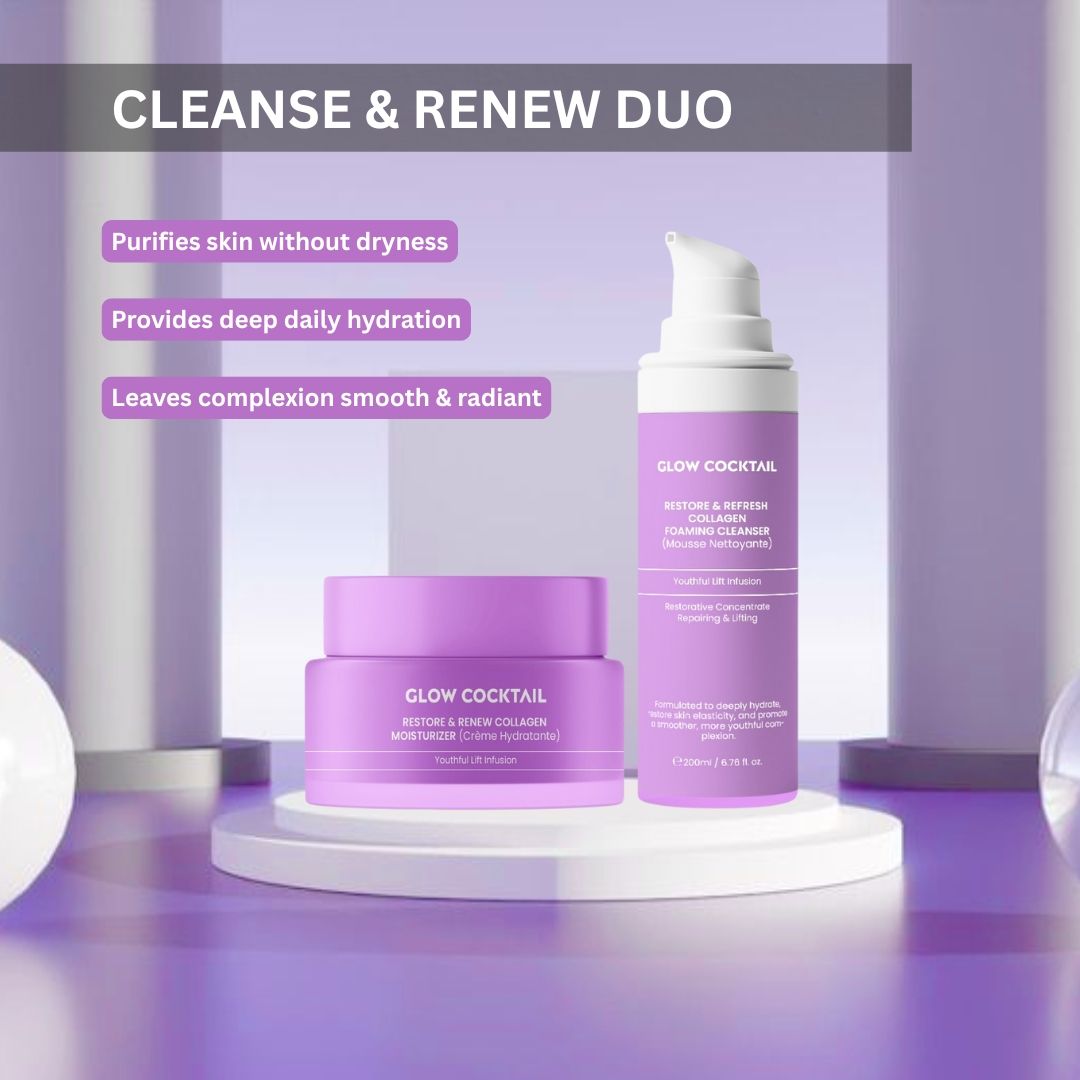 Twee paarse cosmetische producten op een sokkel. Reinigingsschuim en vochtinbrengende crème met productinformatie en de naam Glow Cocktail.