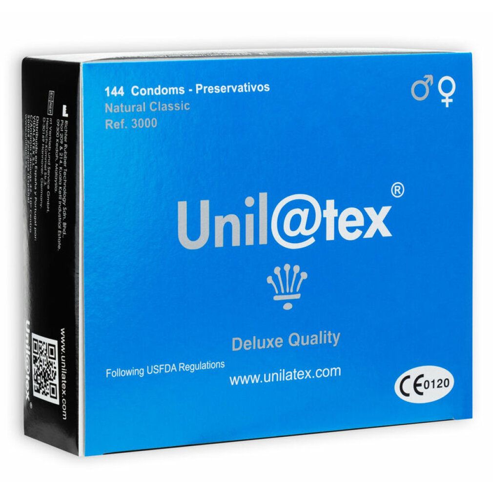 Boîte bleue Unilatex. Inscriptions : 144 préservatifs, Natural Classic, Deluxe Quality, marquage CE, logo.