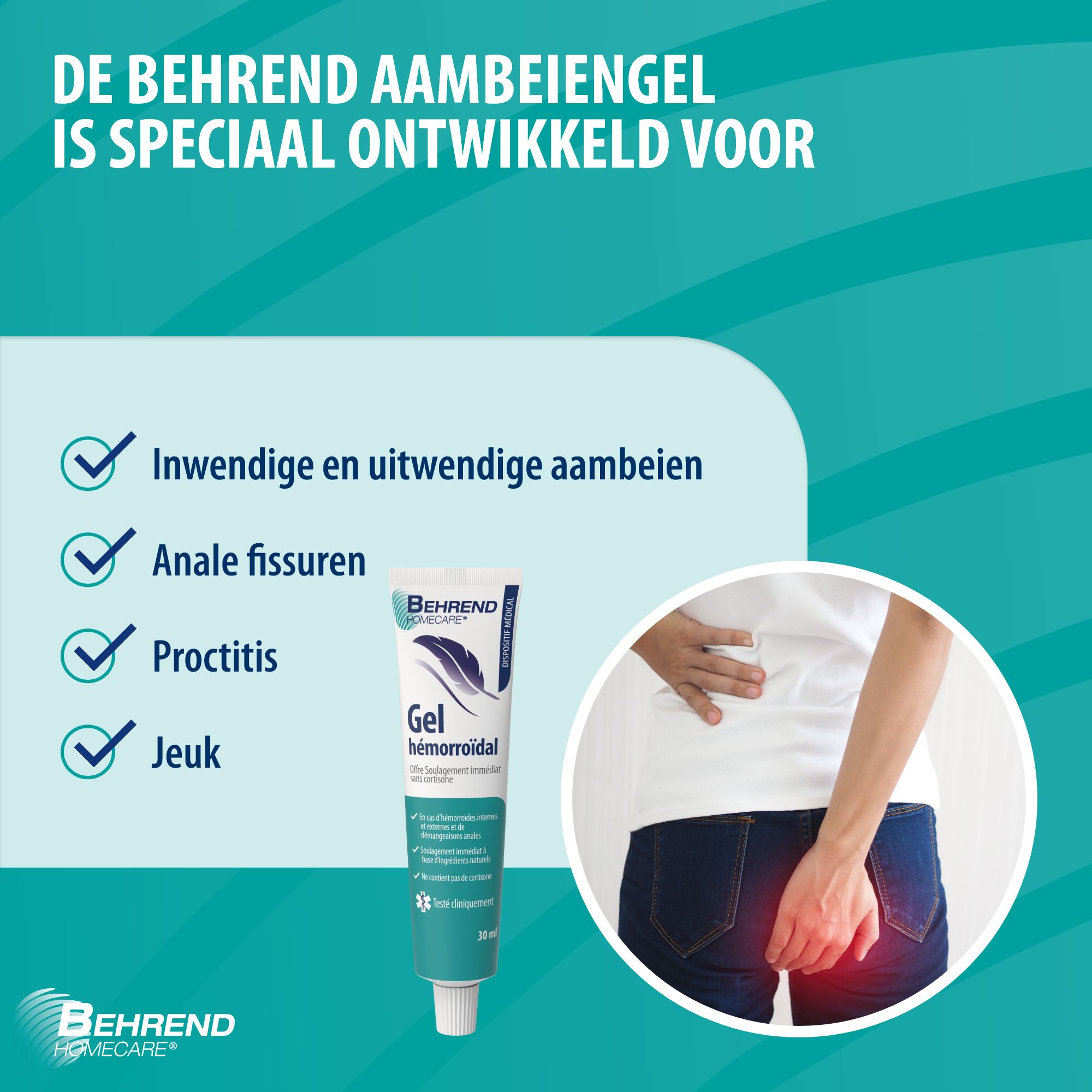 Behrend aambeien gel, tube en verpakking. Bevat gel, applicator. Medisch hulpmiddel.