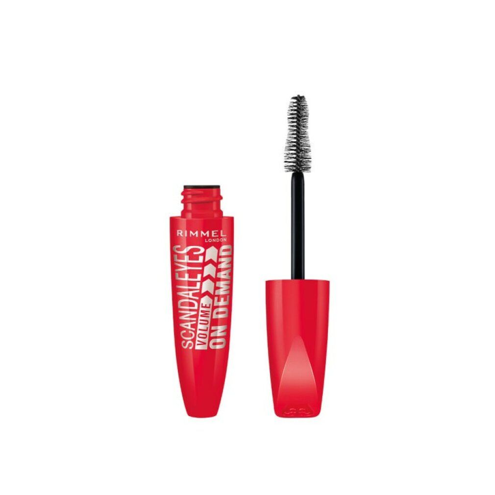 Rode mascara borstel en houder. Tekst: Rimmel London, Scandaleyes Volume On Demand. Zwarte mascara borstel.