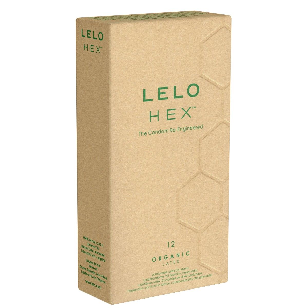 Kartonnen verpakking met LELO HEX-logo en tekst. Opschrift: 12 Organic Latex. Geometrisch patroon. Beige-bruine kleur.