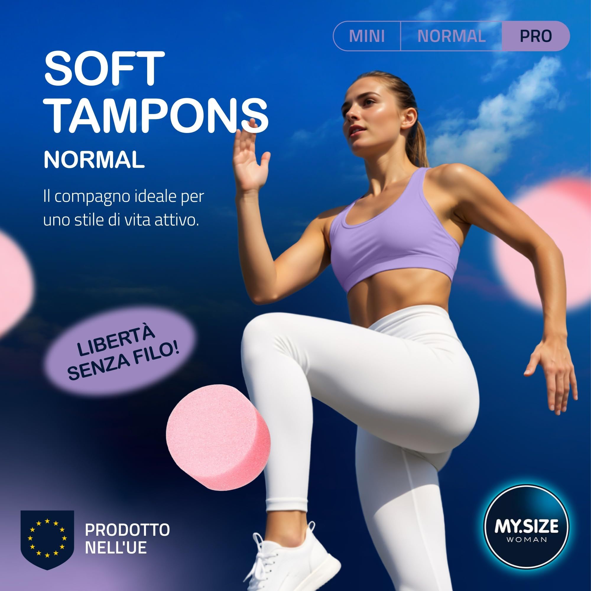 Femme faisant du sport avec MY.SIZE Woman Soft Tampons Pro. Liberté sans fil, pour un style de vie actif.