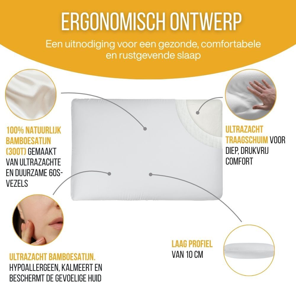 Wit kussen met tekst. Tekst: Ergonomisch ontwerp, 100% natuurlijk bamboesatijn, laag profiel.