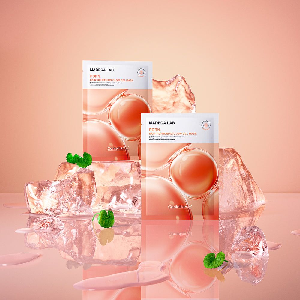 Deux paquets de masque gel raffermissant PDRN Madeca Lab entre des blocs de glace.