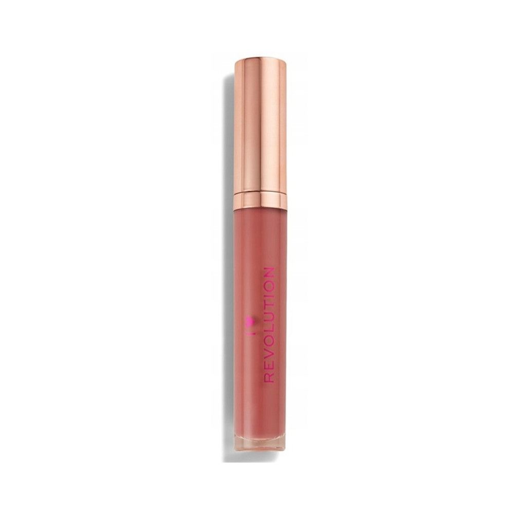 Rouge à lèvres liquide fermé. Capuchon doré rose, tube transparent. Nom du produit en rose sur le tube.