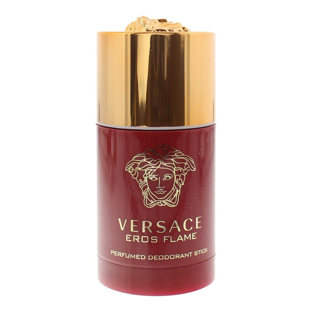 Versace Eros Flame geparfumeerde deodorant stick in rode huls met gouden dop en Medusa-logo.