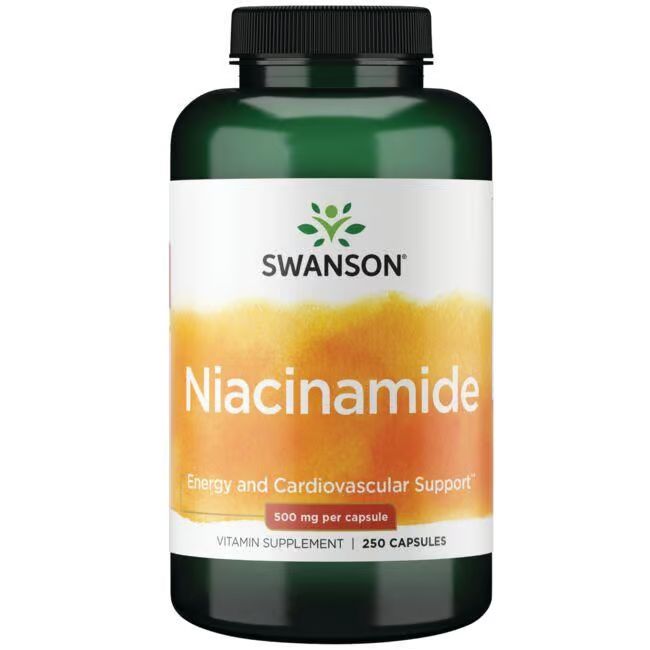 Flacon vert avec étiquette blanche. Inscription: SWANSON Niacinamide, 500 mg par capsule. 250 capsules. Logo.