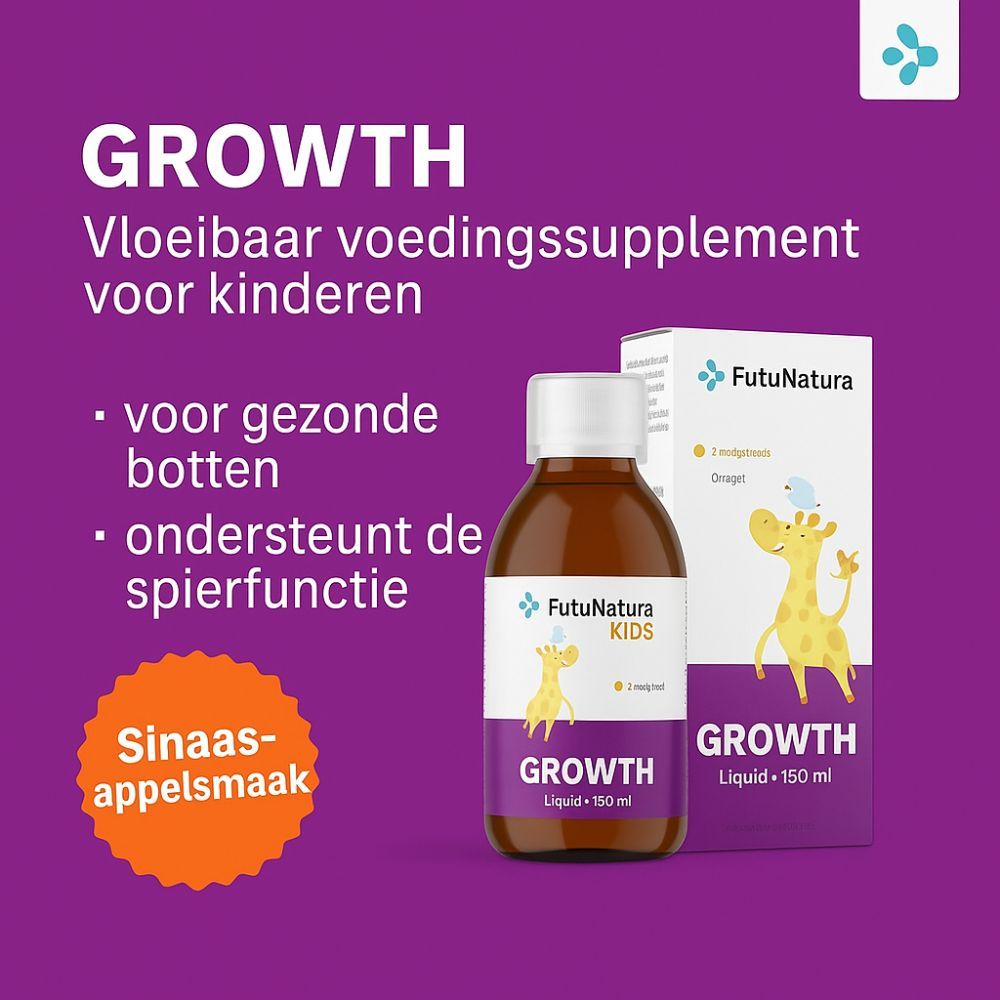 Productbeschrijving: FutuNatura Growth. Ingrediënten, dosering, waarschuwingen. Tekst in het Nederlands.