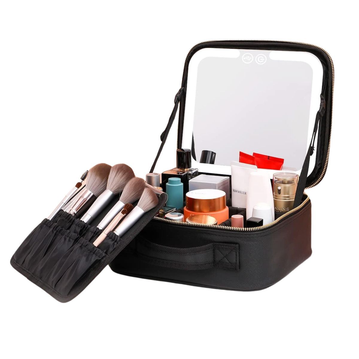 Trousse de maquillage noire avec miroir éclairé, compartiments et porte-pinceaux.